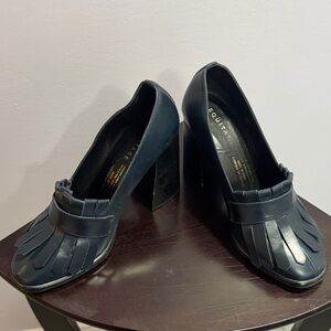 Navy Leather Fringed Block Heel
